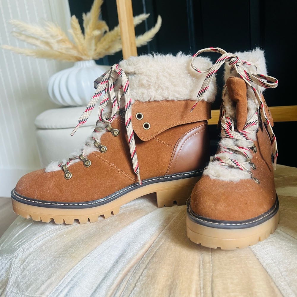 Time and Tru Tan Fur-Lined Lace-Up Boots